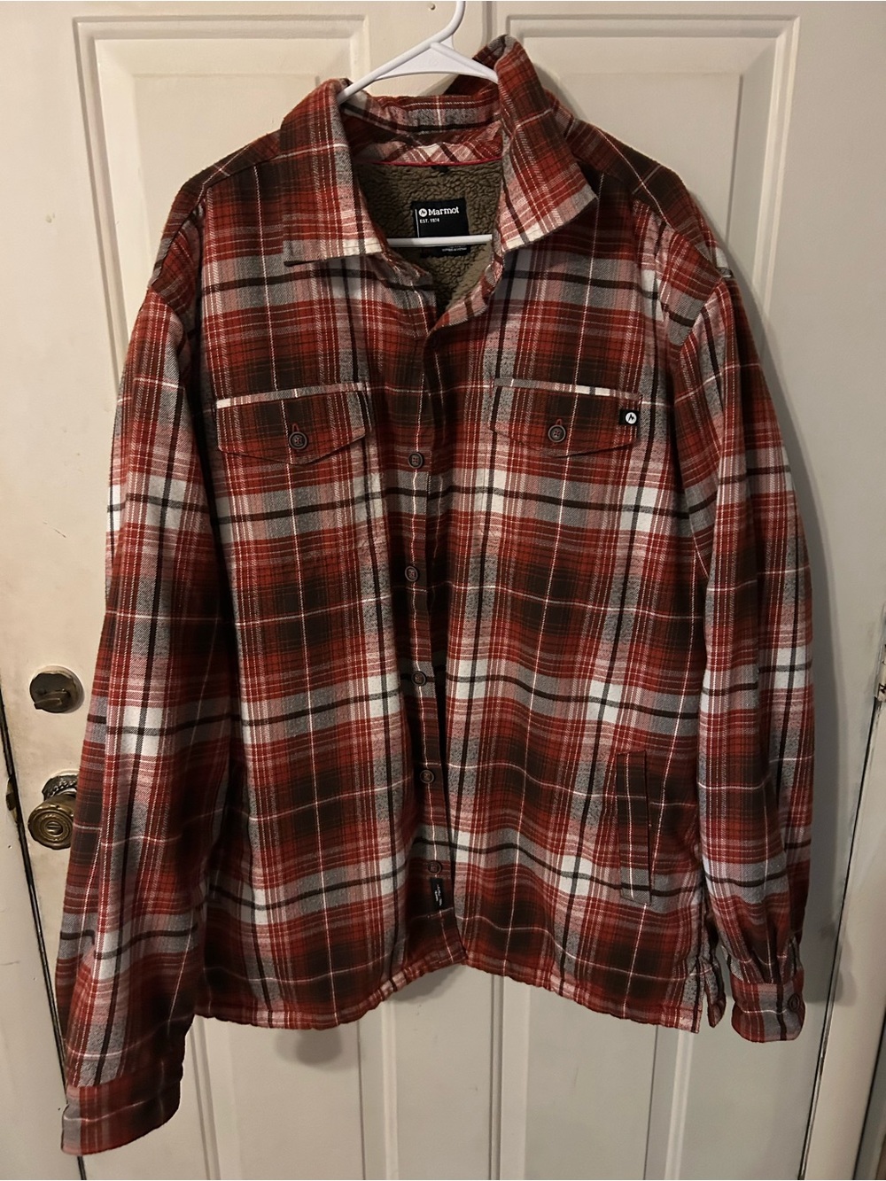 Marmot Red and White Plaid Lightweight Shirt Jacket Sherpa lined